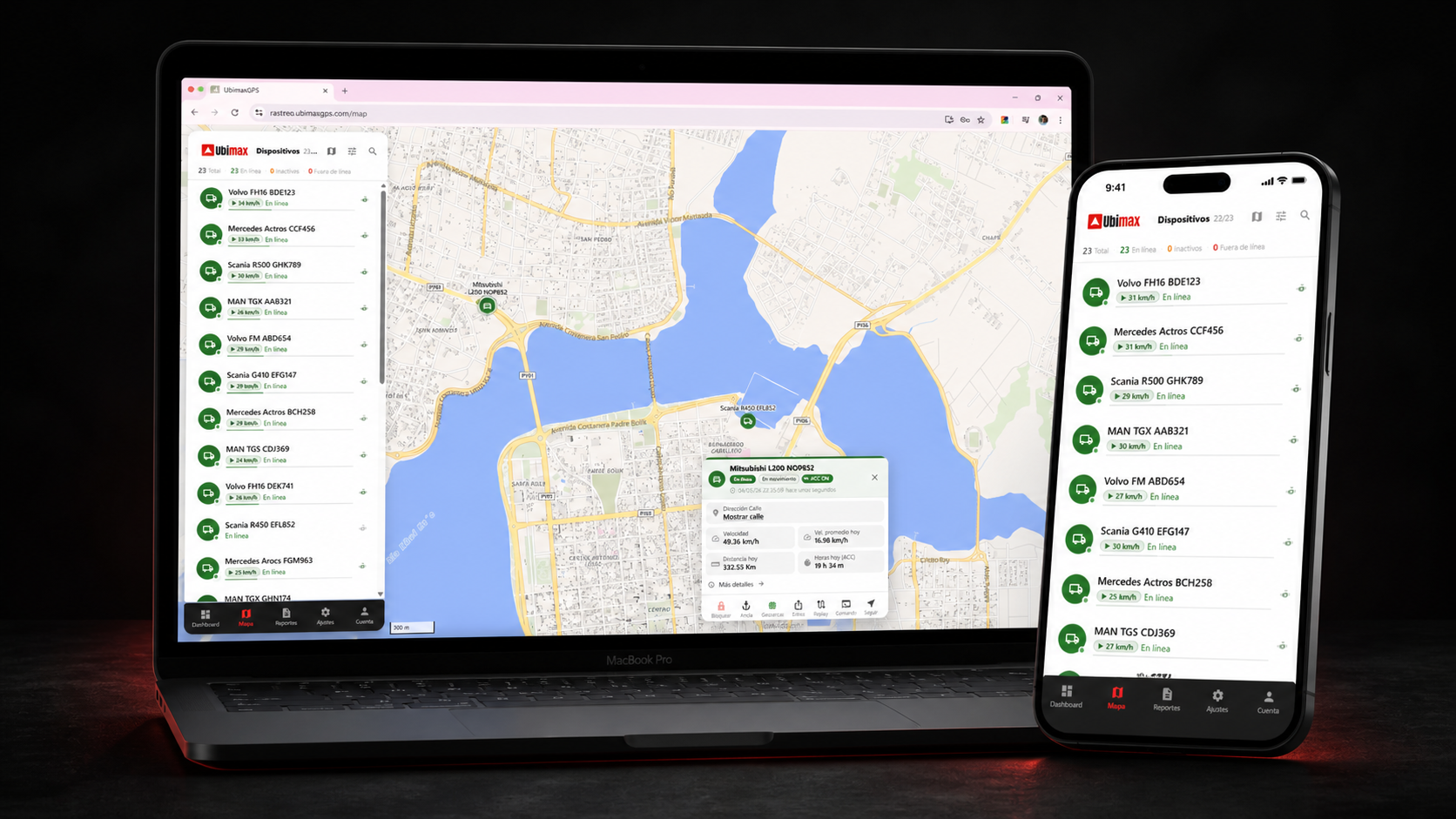 UbimaxGPS en MacBook y iPhone — mapa en vivo con vehículos en Concepción Paraguay